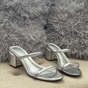 Schutz metallic silver block slip on heels